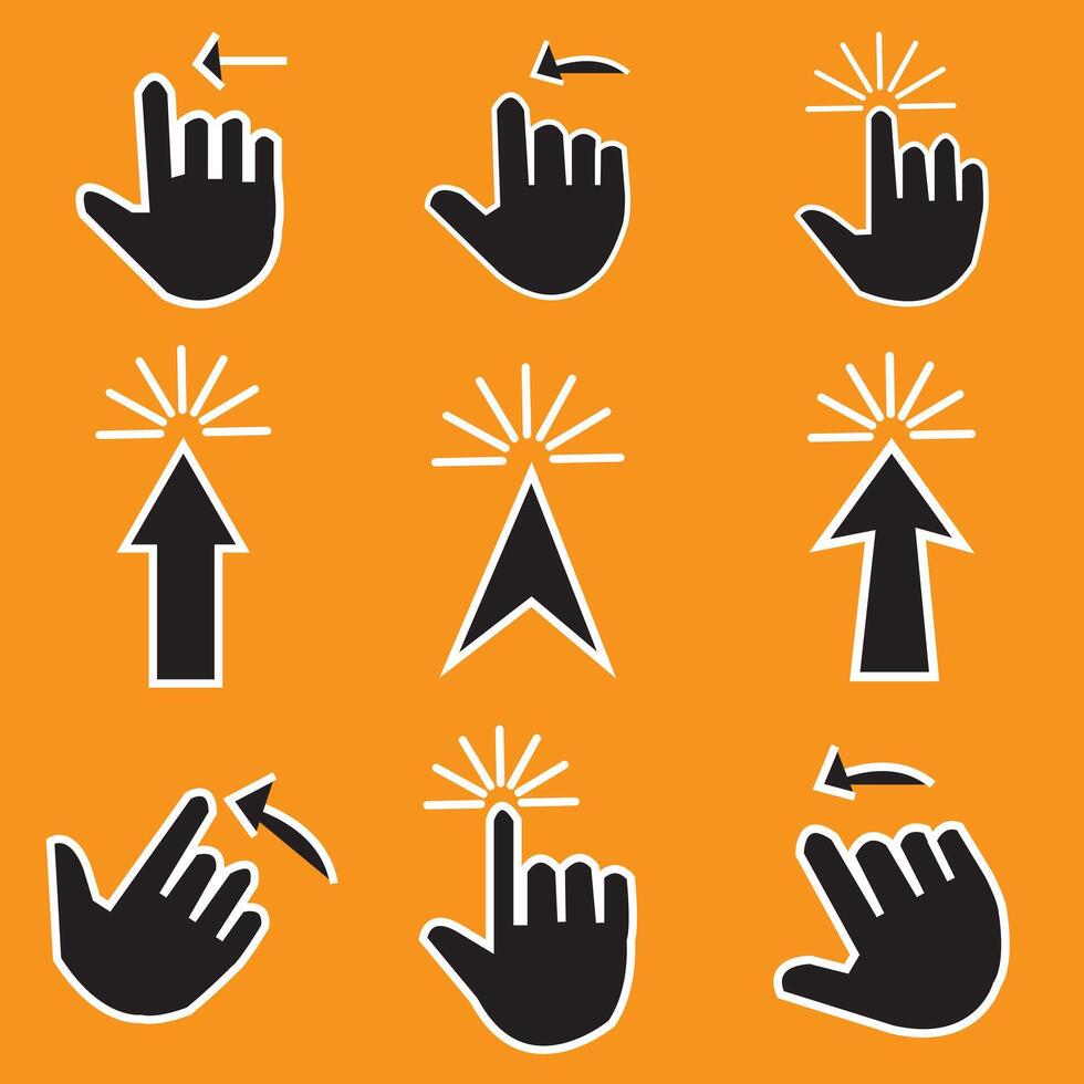 Computer mouse click cursor arrow icons set with hand pointers, clicking effects, and loading symbols. Ideal for web design, user interface, and digital applications vector