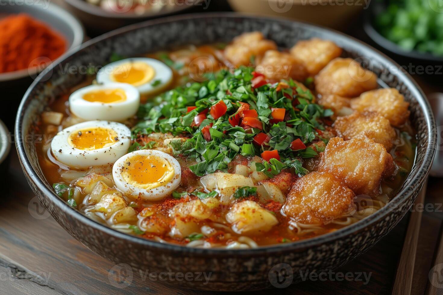 a rare Burmese mohinga, a fish-based noodle soup garnished with boiled eggs, crispy fritters, and herbs, served in a handcrafted bowl with vibrant spices on the side photo