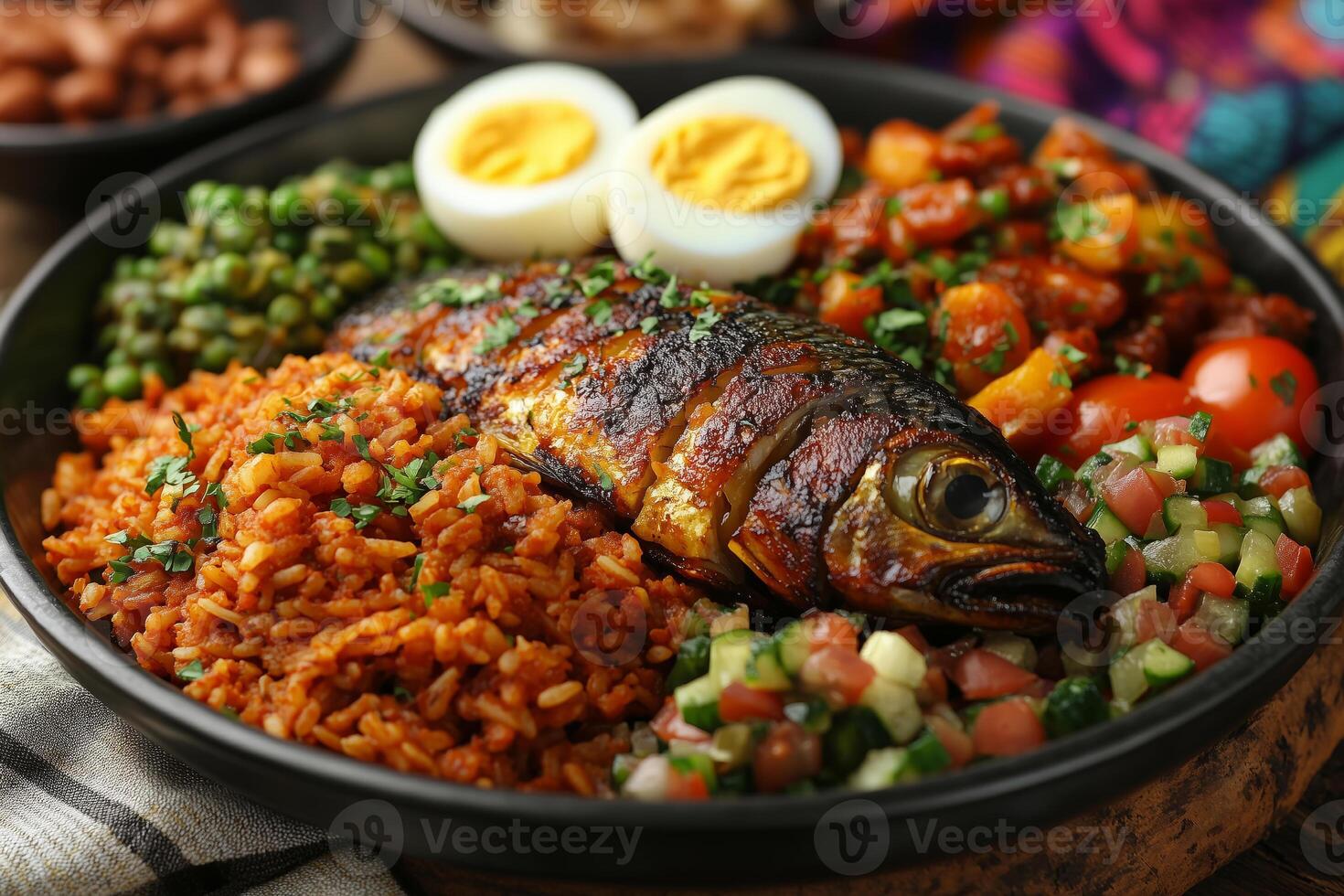 Ghanaian waakye , rice and beans, served with fried fish, boiled eggs photo