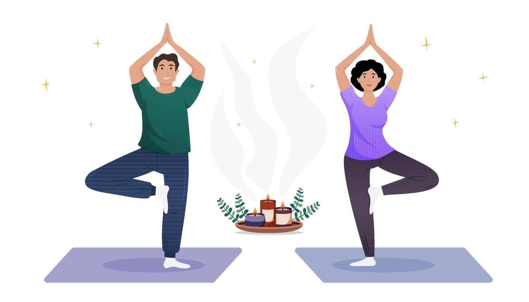 Couple practicing yoga poses in a tranquil setting with calming candles vector