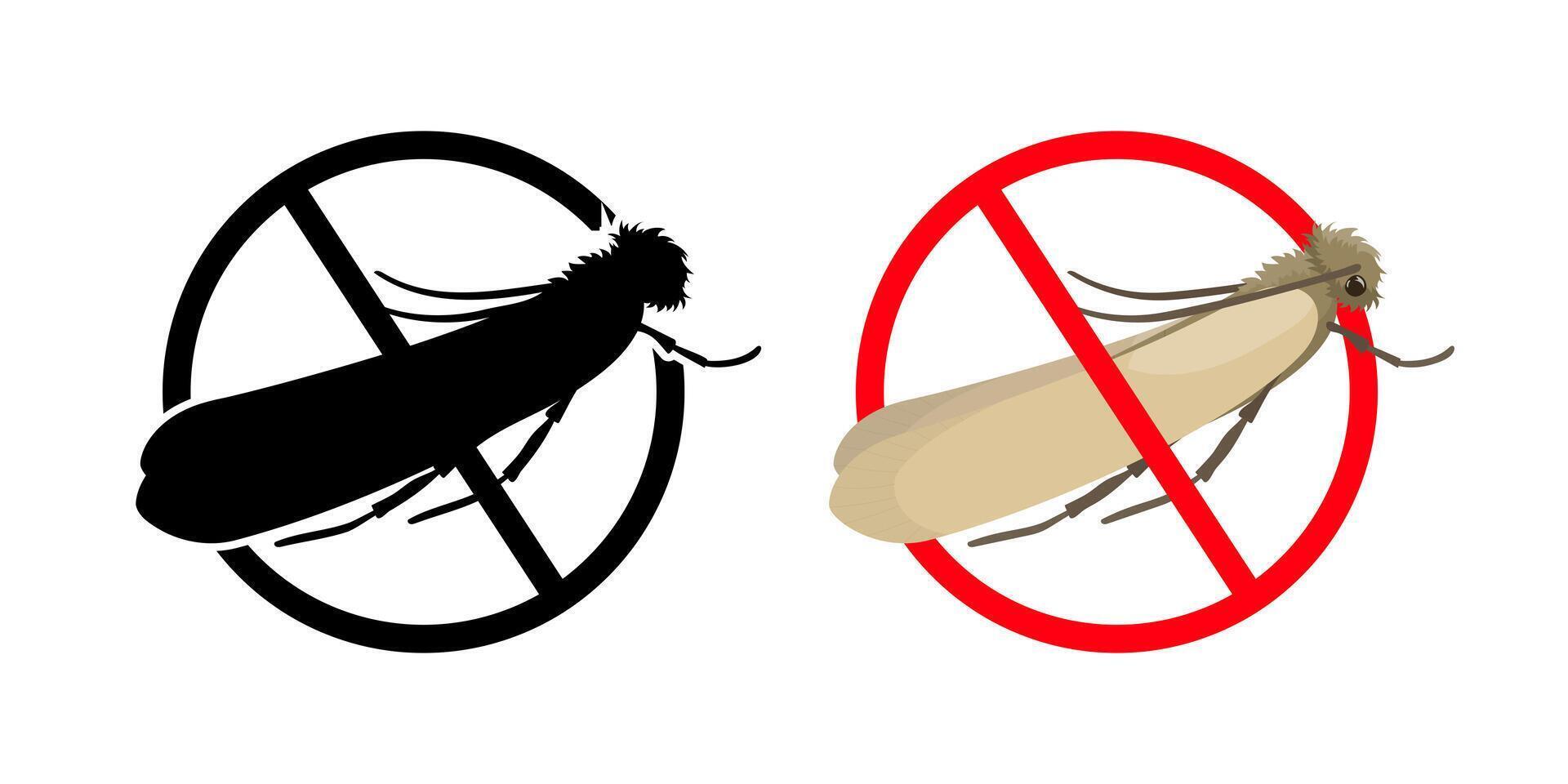 Stop sign crossing over clothes moth and its black silhouette representing pest control vector
