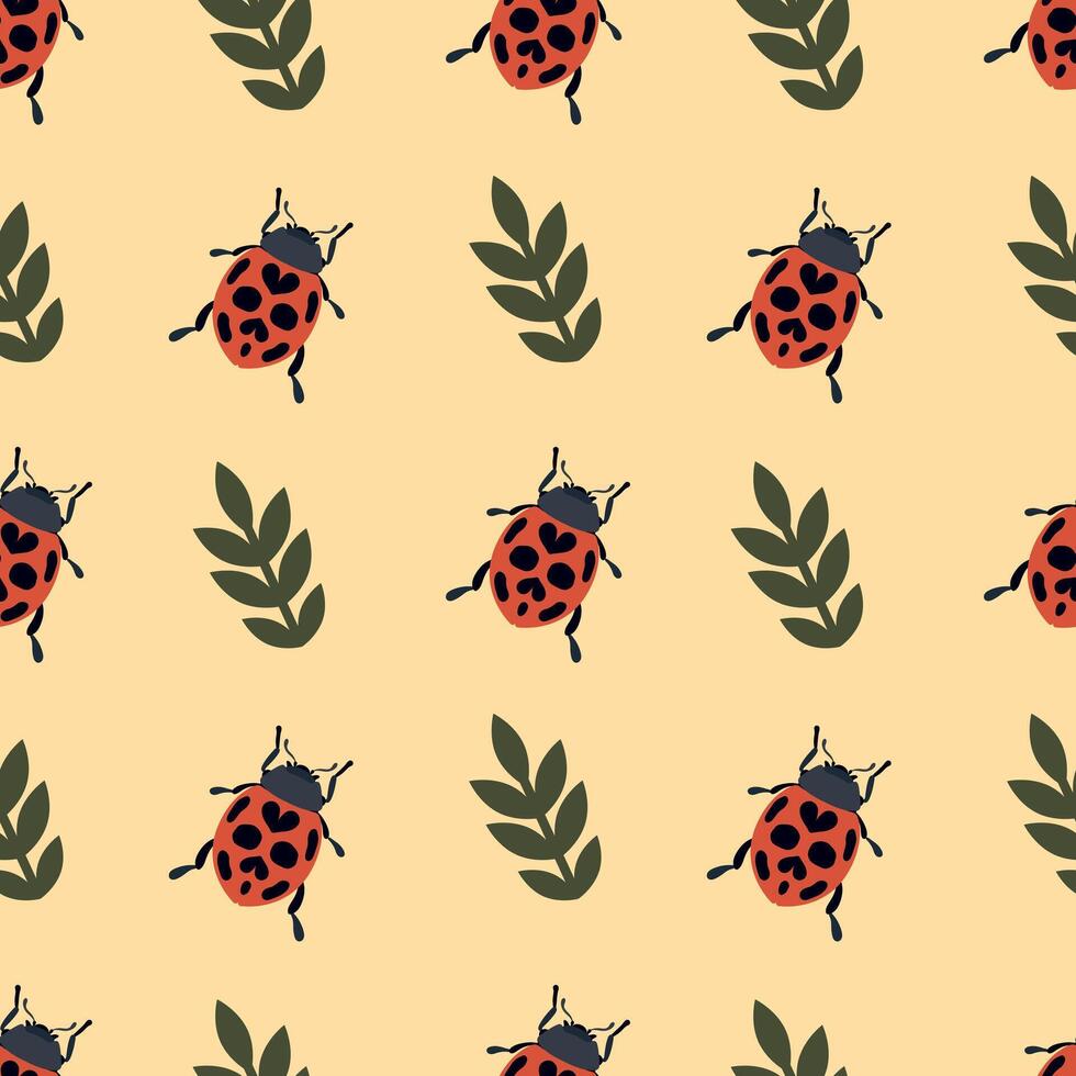 Ladybug and Leaf Seamless Pattern. This illustration showcases alternating red ladybugs and green leaves, ideal for textiles and decor. vector