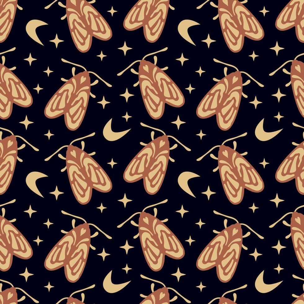 Moth and Moon Seamless Pattern Illustration. Moths with crescent moons and stars on a dark background. Ideal for fabric, wallpaper, or digital designs vector