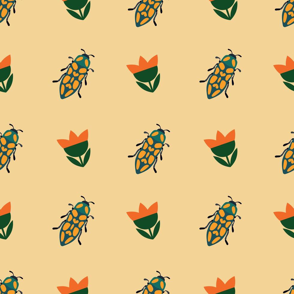 Seamless Pattern with Beetles and Flowers Illustration. vector
