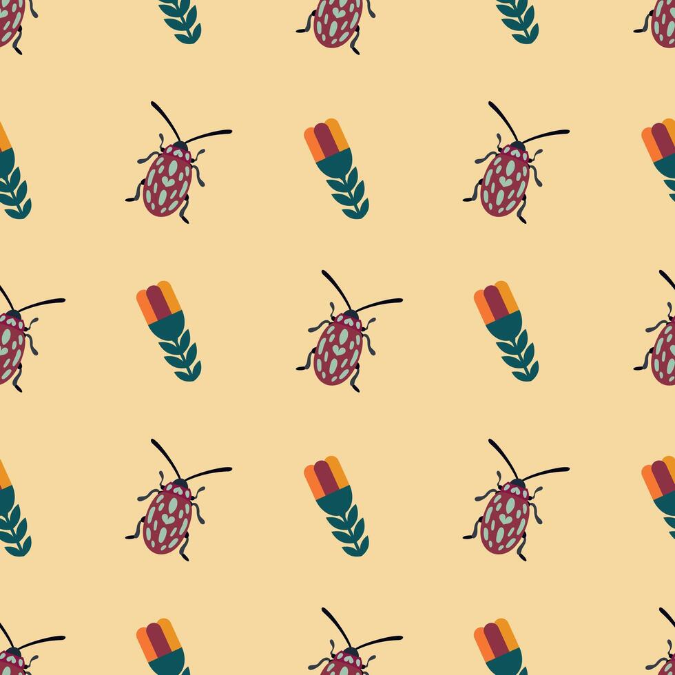 Beetle and Flower Seamless Pattern Illustration. Ideal for textile design, wallpapers, and digital prints. vector