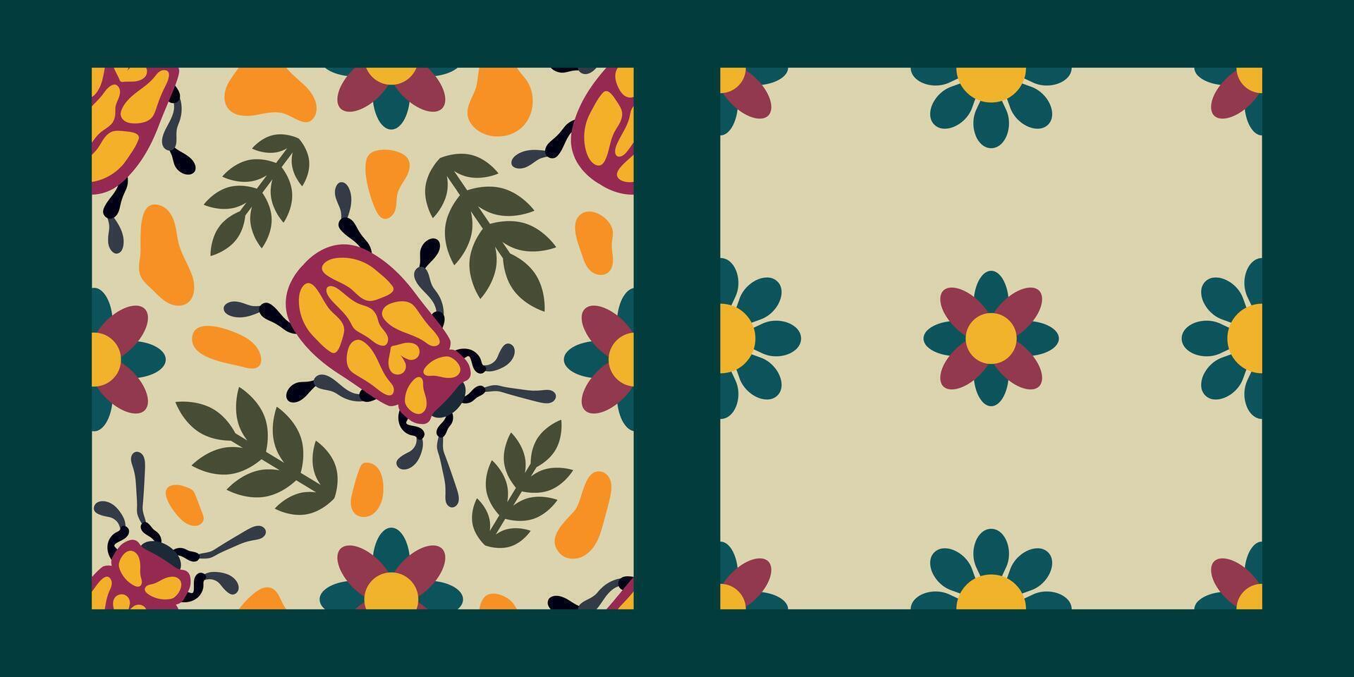 Colorful Beetle and Floral Seamless Pattern Set. The seamless design combines vibrant insects with stylized leaves and flowers for textile use vector