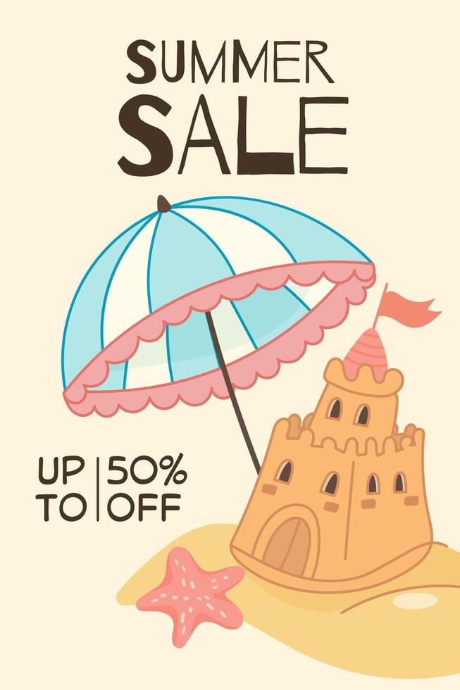 Summer Sale banner with umbrella and sandcastle illustration vector