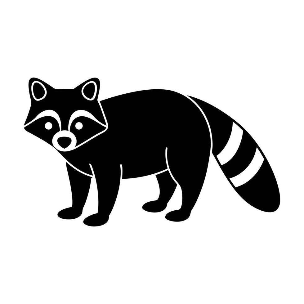 Minimalist Black Silhouette Illustration Of A Standing Raccoon With Striped Tail Graphics vector