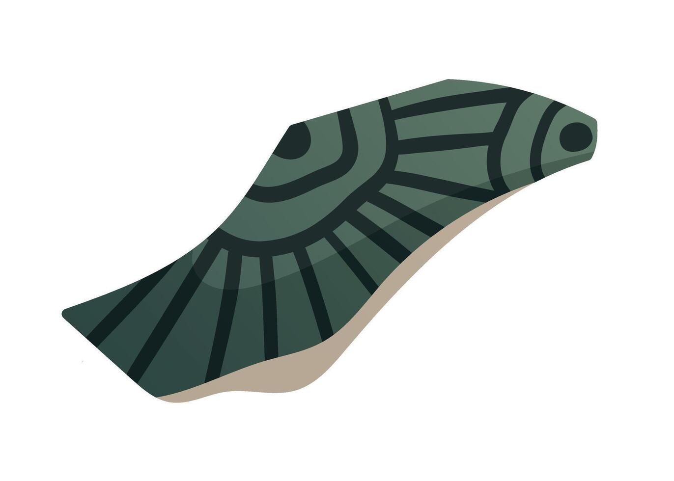green isolated cartoon illustration of broken mosaic tile fragment with geometric patterns. Ancient ceramic shard with decorative ornament in earthy colors. vector