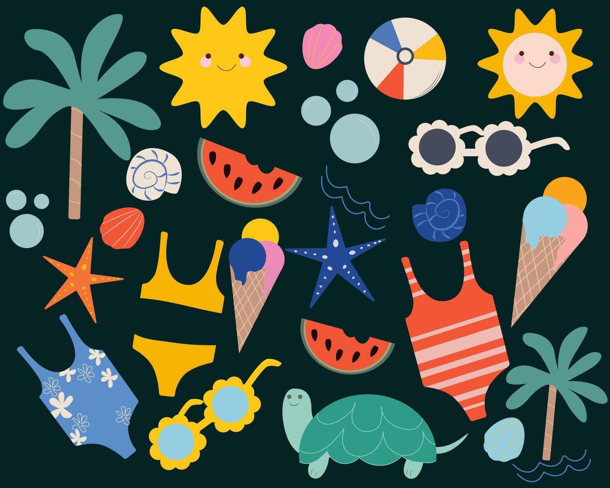 Sticker set with sea and beach theme vector