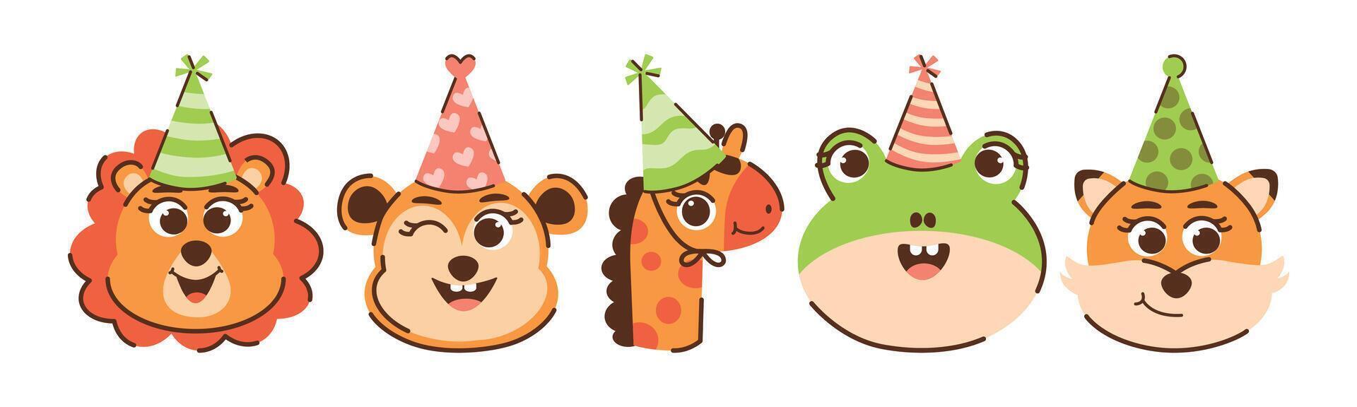 A cheerful illustration featuring a group of cute cartoon animals wearing party hats. These animals include a lion, bear, giraffe, frog, and fox, adding a festive touch for celebration vector