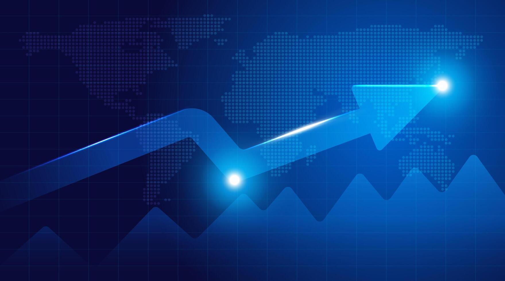 Business Abstract Background with a glowing upward arrow, blue gradient, and world map, growth and success concept. vector