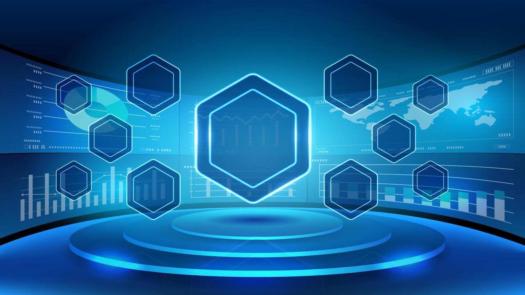 Blue Futuristic Technology Abstract Background with glowing hexagonal nodes Data Visualizations, Modern digital network concept. vector