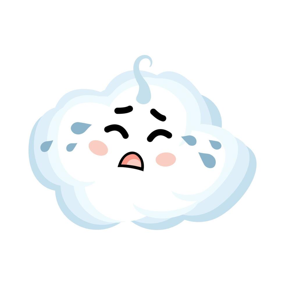 Cute sad kawai cloud. Crying Cloud Baby. Cartoon style comic, weather icon isolated on white background. vector