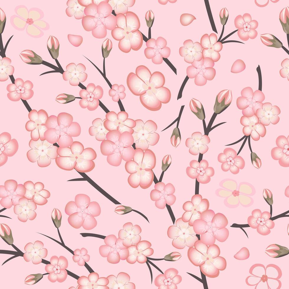 Spring seamless pattern with sakura branch flowers on pink background. Pink flowers of Japanese cherry, or apple flowers. vector