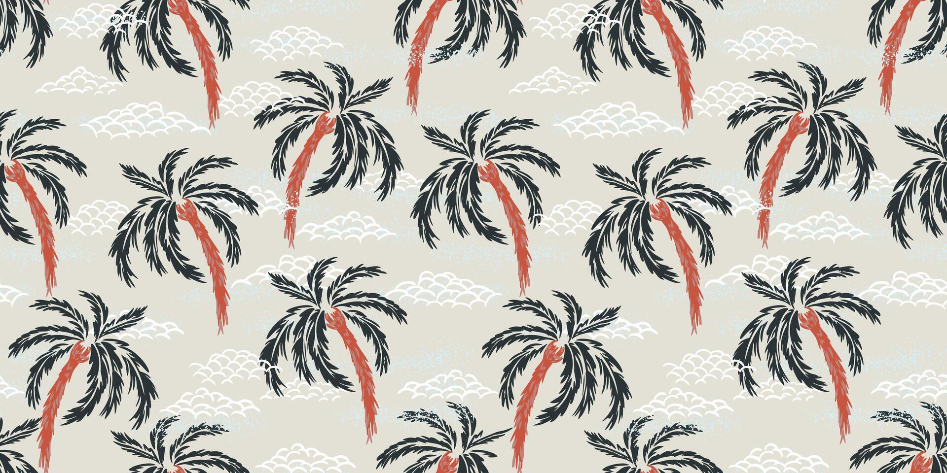 Seamless tropical pattern with hand drawn palm trees, ocean waves, and textured details on a light background. Ideal for beach wear, summer designs, wallpapers, and exotic themed decoration vector