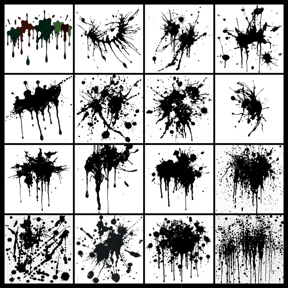 Set of Abstract Paint Splatters and Drips in Black and White Tones vector