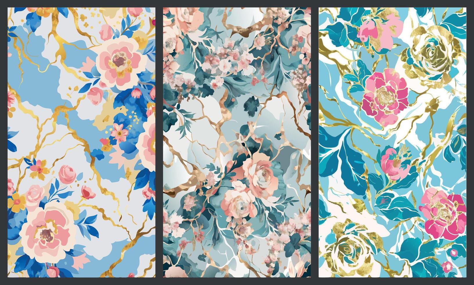 Abstract Floral Marble Texture Background Set with Three Different Texture vector