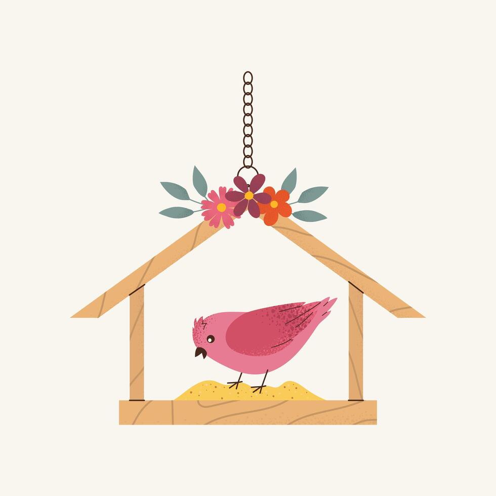 Springtime clip art with noise texture. Flat drawing illustration with hanging feeder, bird pecking at grain and flowers. Template for background, cover, label, social media, card, poster vector
