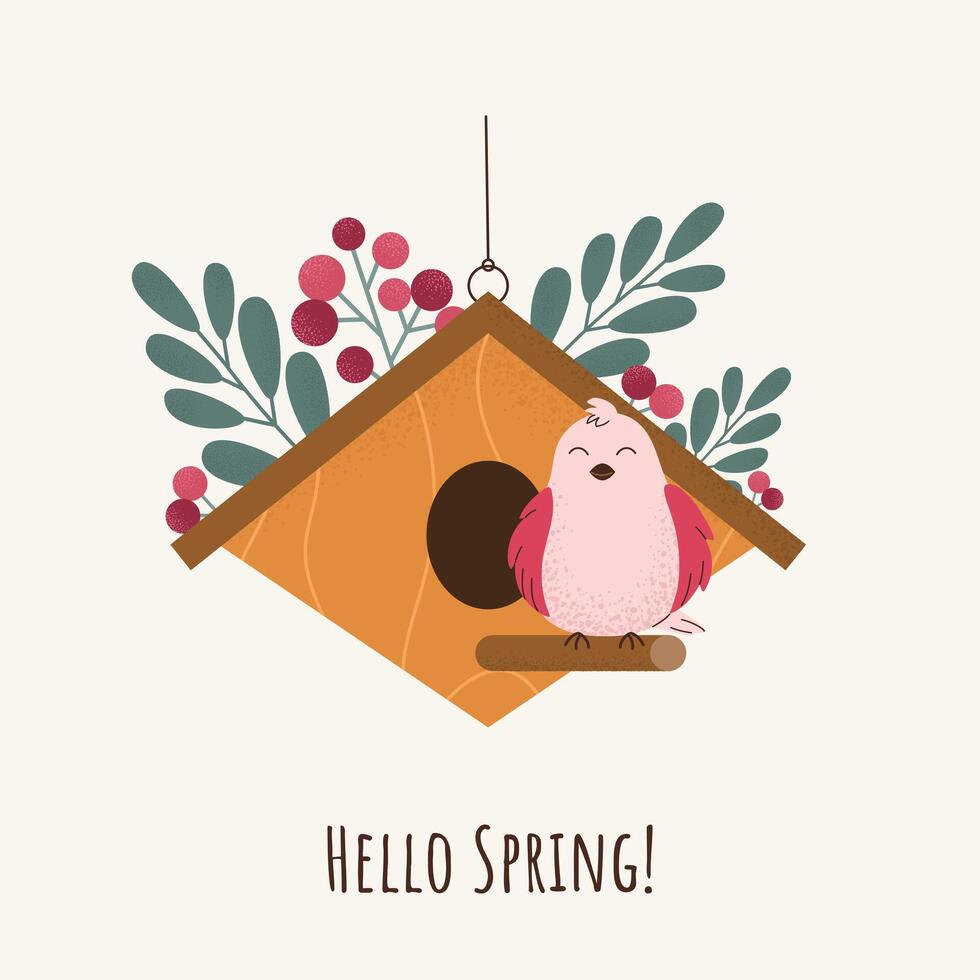 Greeting springtime illustration with hand drawn hanging birdhouse, green leaves, red berries and cute bird. Trendy design in flat style with textures. For print, card, poster, cover vector
