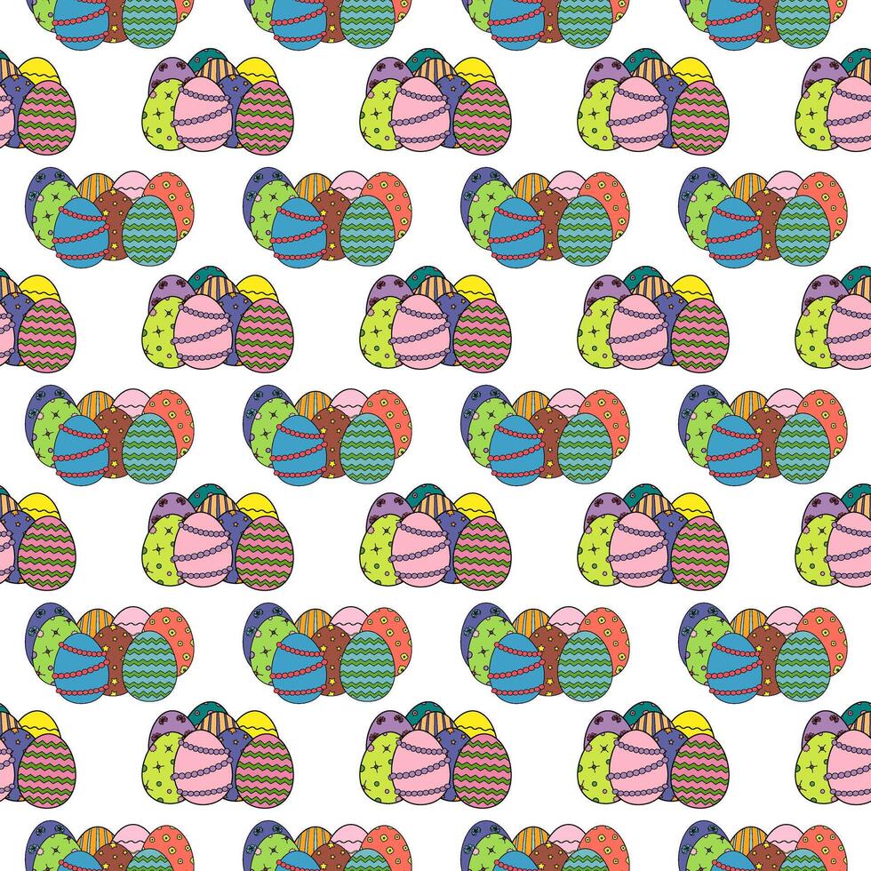 Seamless pattern with vibrant decorated eggs in various colors and patterns on a white background. Cartoon flat style. Perfect for wrapping paper, wallpaper, and gift box decorating. vector