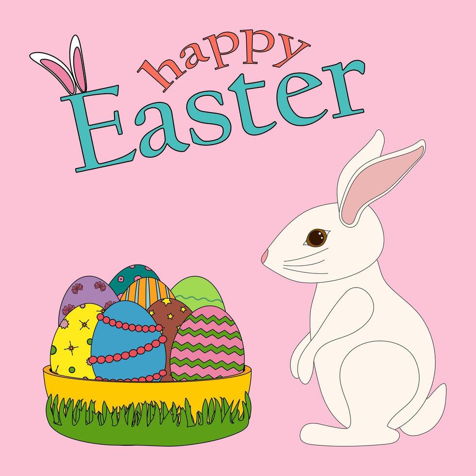 Colorful greeting card with cute white Easter bunny sitting beside a festive basket of colorful decorated Easter eggs, and - Happy Easter - text on a pink background. Perfect for banner and greetings. vector