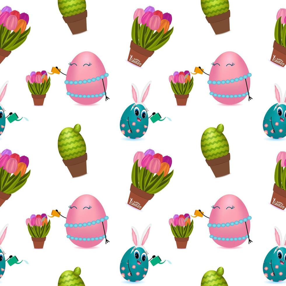 Seamless pattern with 3d anthropomorphic characters featuring happy family eggs watering flowers with a watering can, tulips, potted plants, cactus and festive holiday elements on a white background. vector