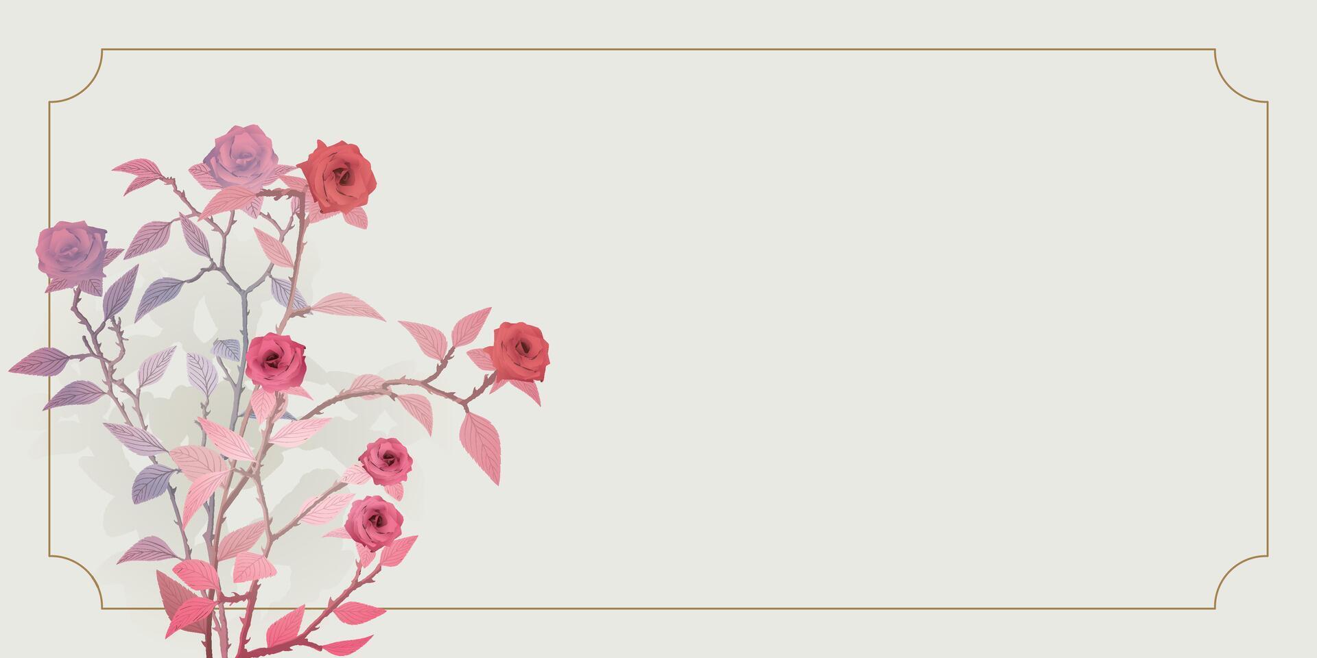 Rose flowers surrealism vivid colors with golden frame on beige horizontal background graphic illustration have blank space. Valentine's day greeting card template. Weeding invitaion card template. vector