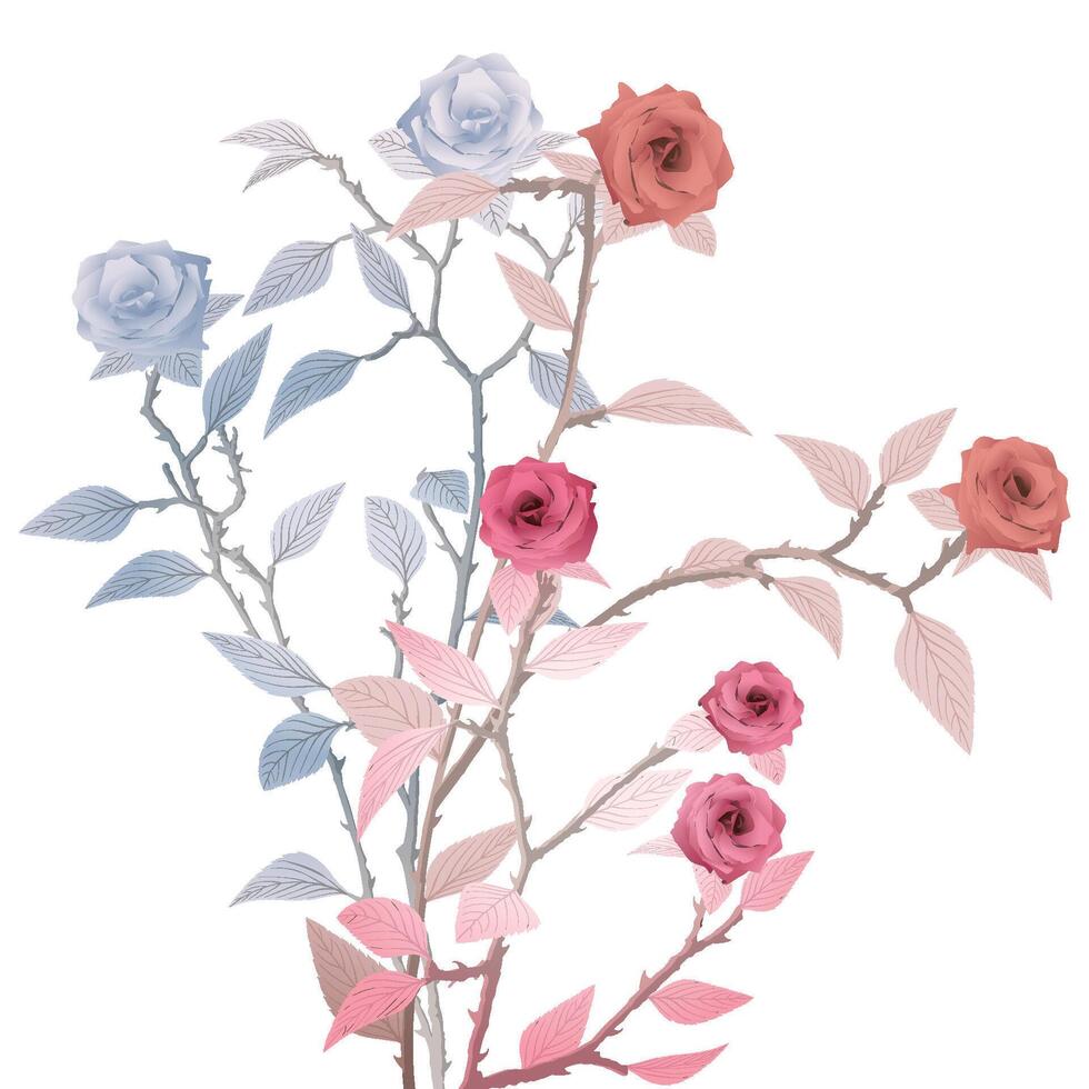 Various rose flowers surrealism vivid colors superimposed isolated on white square background graphic illustration. vector