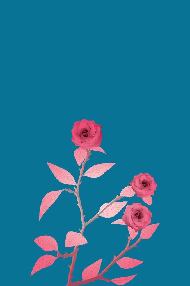 Rose flowers surrealism vivid colors on blue vertical background graphic illustration have blank space. Valentine's day greeting card template. vector