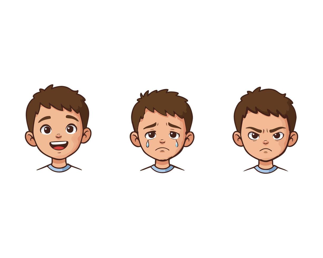 Cute Cartoon Boy With Different Emotions - Happy, Sad, and Angry Expressions vector