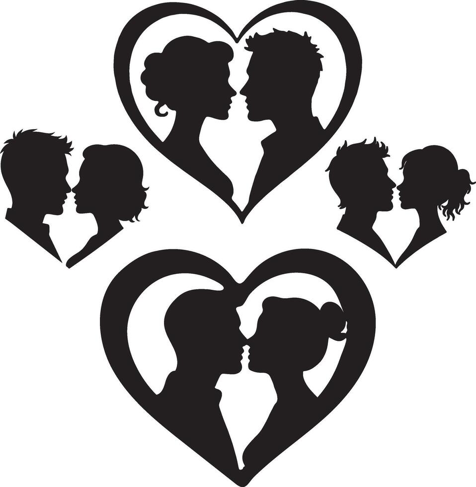 Black Silhouette of Couple Faces in Heart Frame vector