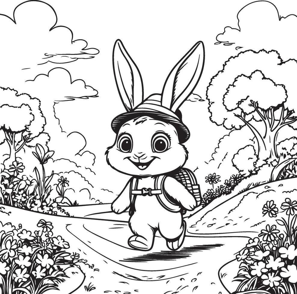 Cute Cartoon Rabbit with Hat and Backpack in Nature Scene vector