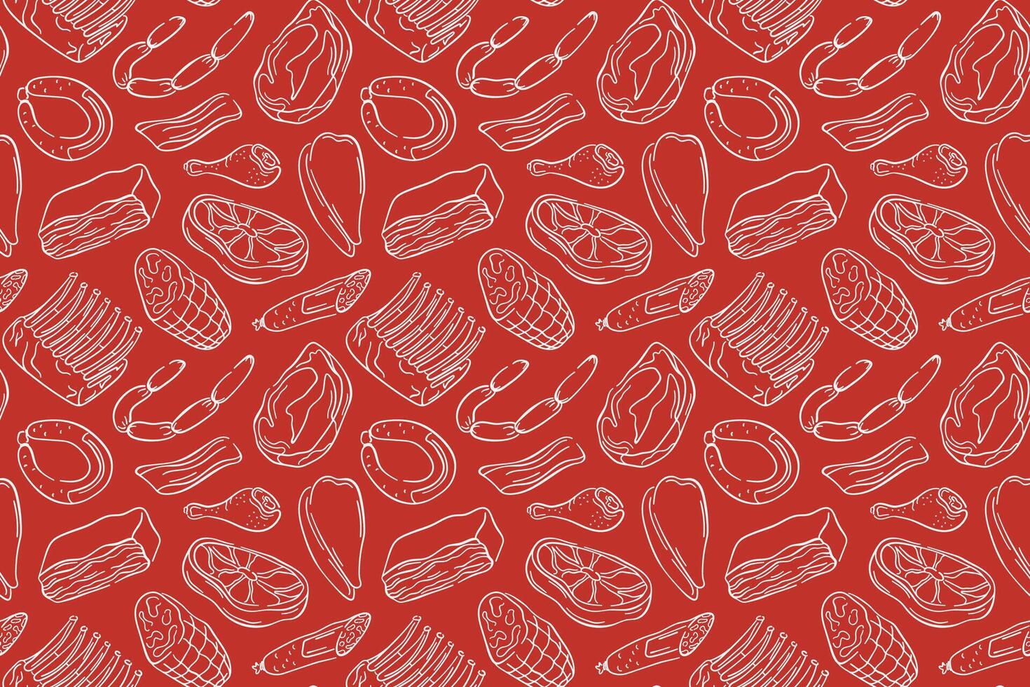 Seamless pattern with line art style meat cut, sausage, ribs, ham, bacon and drumsticks on red background. Ideal for butcher shop, food packaging or culinary theme design. vector
