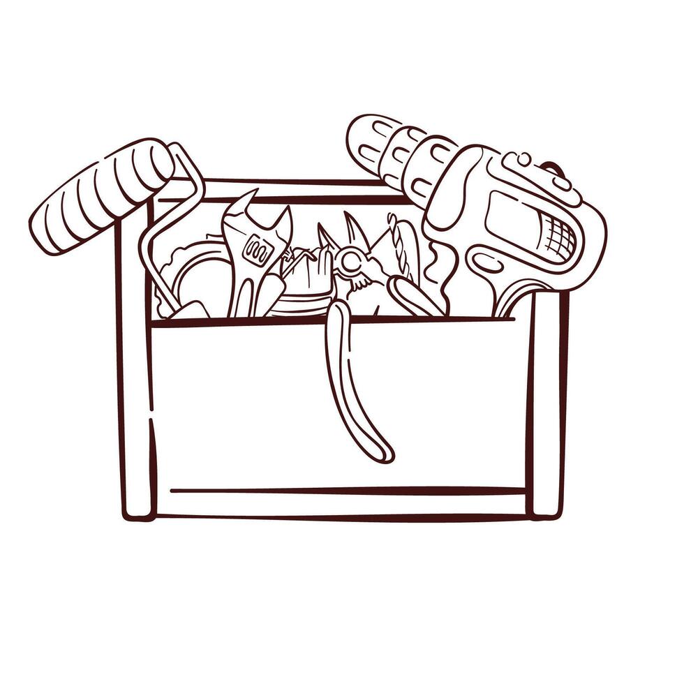 Line art illustration of a toolbox filled with various tools including a drill, wrench, pliers and roller. Repair maintenance and construction concept isolated on a white background. vector