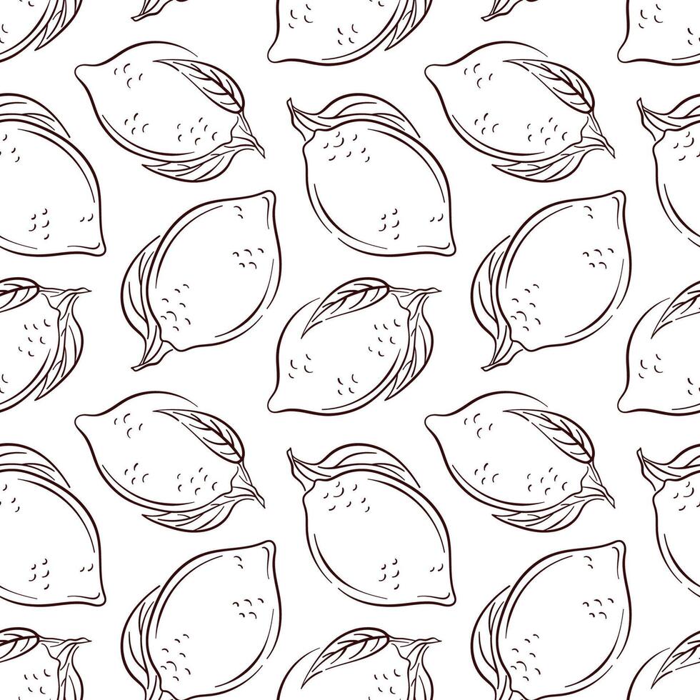 Seamless lemon pattern with line art style citrus fruit and leaf. Perfect for kitchen design, food packaging, fabric, wrapping paper and healthy organic natural themed decoration. vector