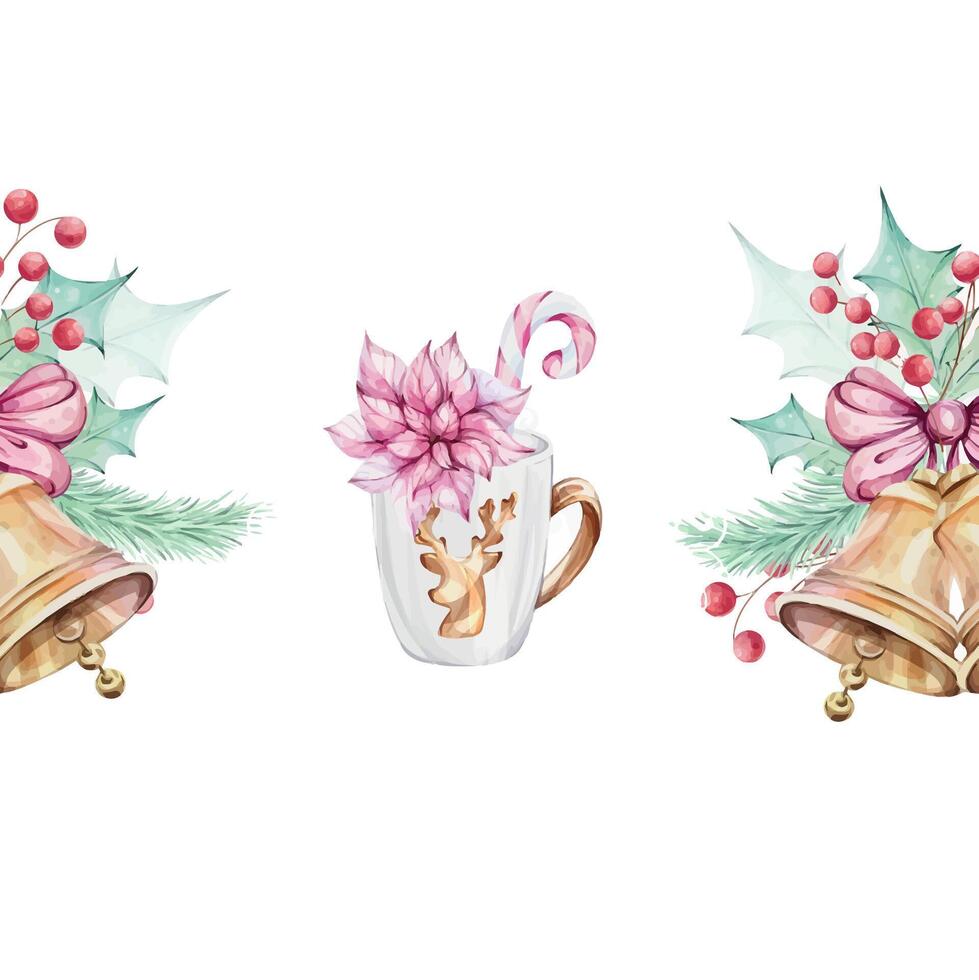 Christmas watercolor seamless border - compositions with holly green leaves, red berries. White mug with gold reindeer, candy cane with openwork snowflake. Jingle golden bell with bow. Winter vector