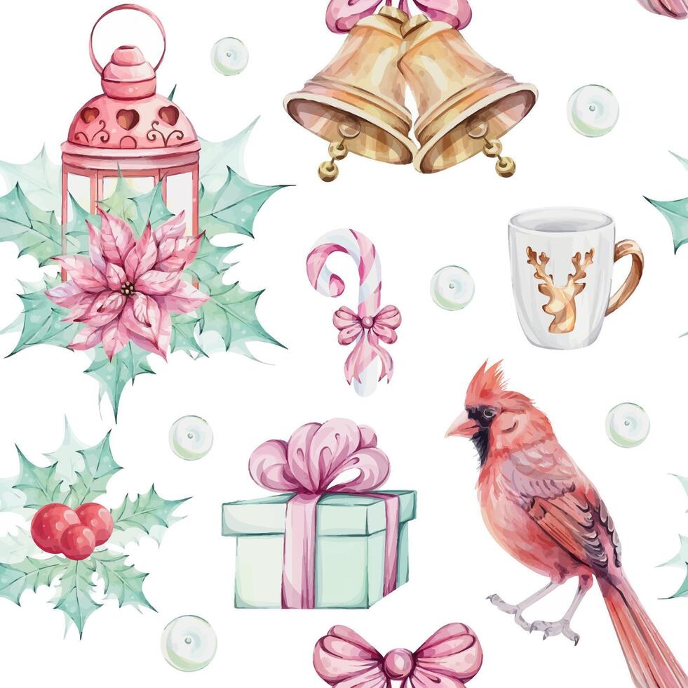 Watercolor seamless pattern - Christmas bird red cardinal, bells, gift, berries, red lantern, poinsettia flowers bouquet with holly green leaves. Symbol of Christmas. Winter holiday vector
