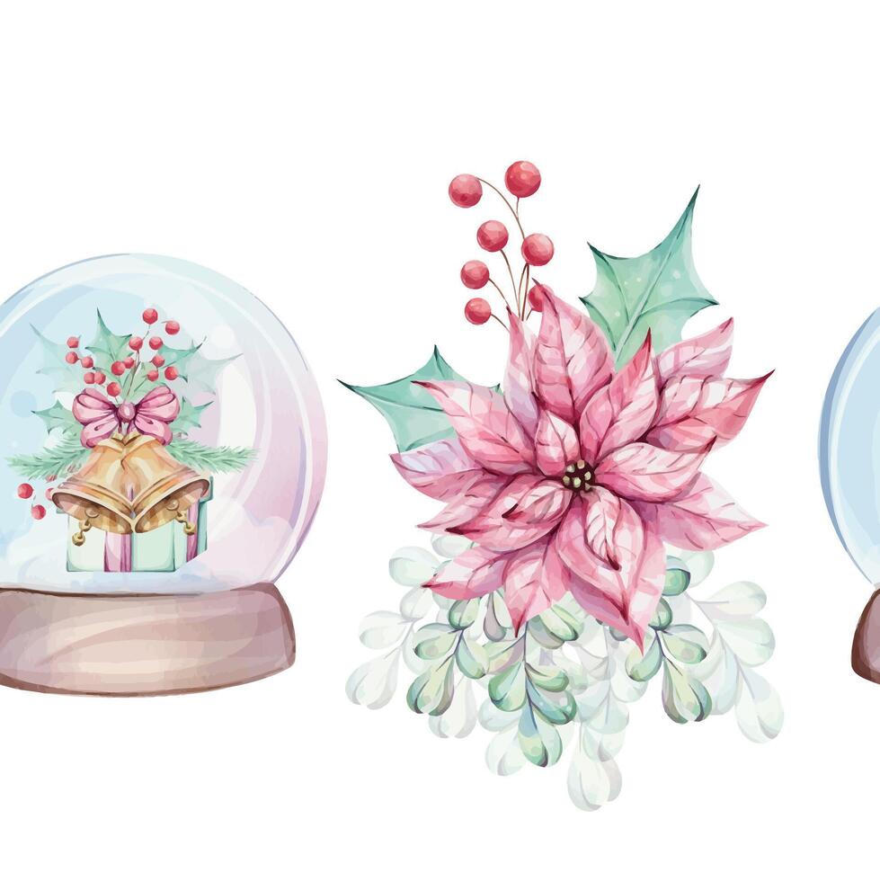 Watercolor seamless border - christmas Snow globe, glass ball shaker with poinsettia flowers. New Year decorative ball with winter landscape. Jingle golden bell with bow holly green leaves red berries vector