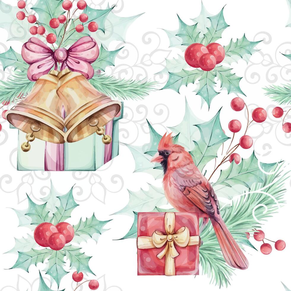Watercolor seamless pattern - Christmas bird red cardinal, bells, gift, berries, red lantern, poinsettia flowers bouquet with holly green leaves. Openwork snowflake.Symbol of Christmas. vector