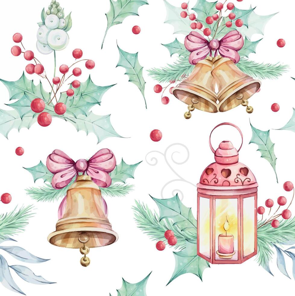 Christmas watercolor seamless pattern - Jingle golden bell with bow. Red poinsettia flowers bouquet, compositions with holly green leaves and mistletoe, red berries. Winter composition, decor. vector