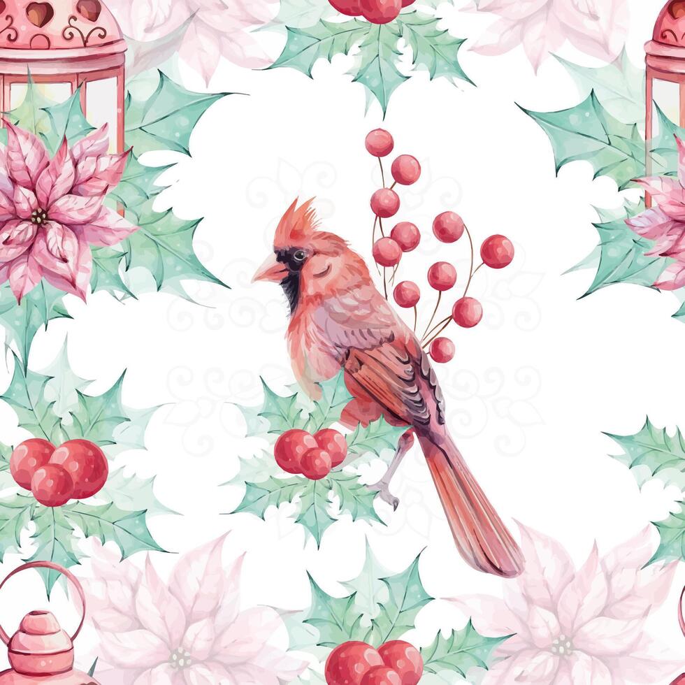 Watercolor seamless pattern - Christmas bird red cardinal, berries, red lantern, poinsettia flowers bouquet with holly green leaves. Arrangement with brunch. Symbol of Christmas. Winter holiday vector