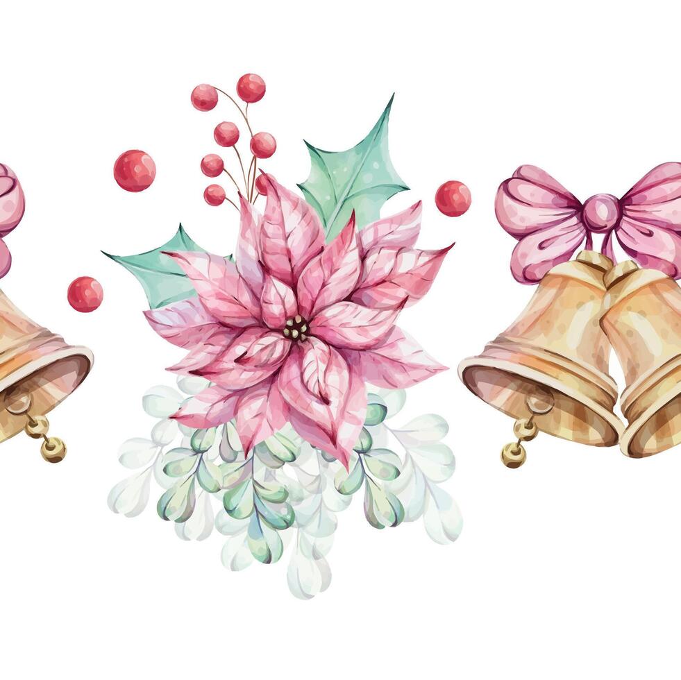Christmas watercolor seamless border - Red poinsettia flowers bouquet, compositions with holly green leaves, red berries. Jingle golden bells with bow. Winter composition, decor. December nature. vector
