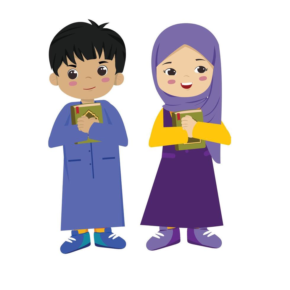 Muslim Kid Holding Quran and Learning to Recite in Ramadan Flat Illustration for Children Education vector