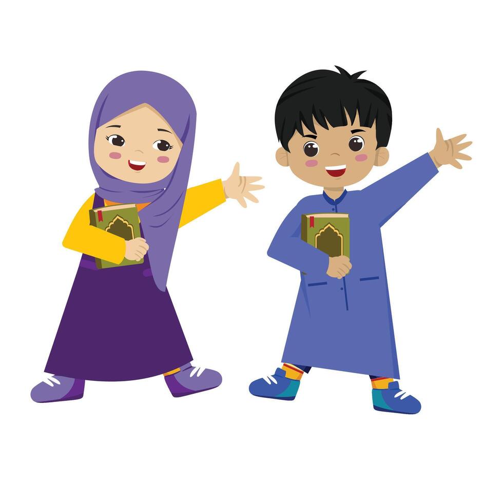 Muslim Kids Holding Quran and Learning to Read During Holy Ramadan in Flat Style Illustration vector
