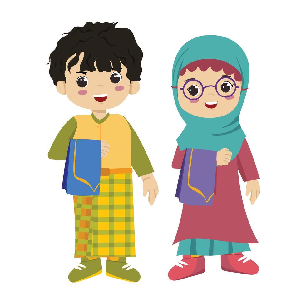 Muslim Kids Holding Prayer Mats Before Salah in Flat Style Illustration for Ramadan Learning vector