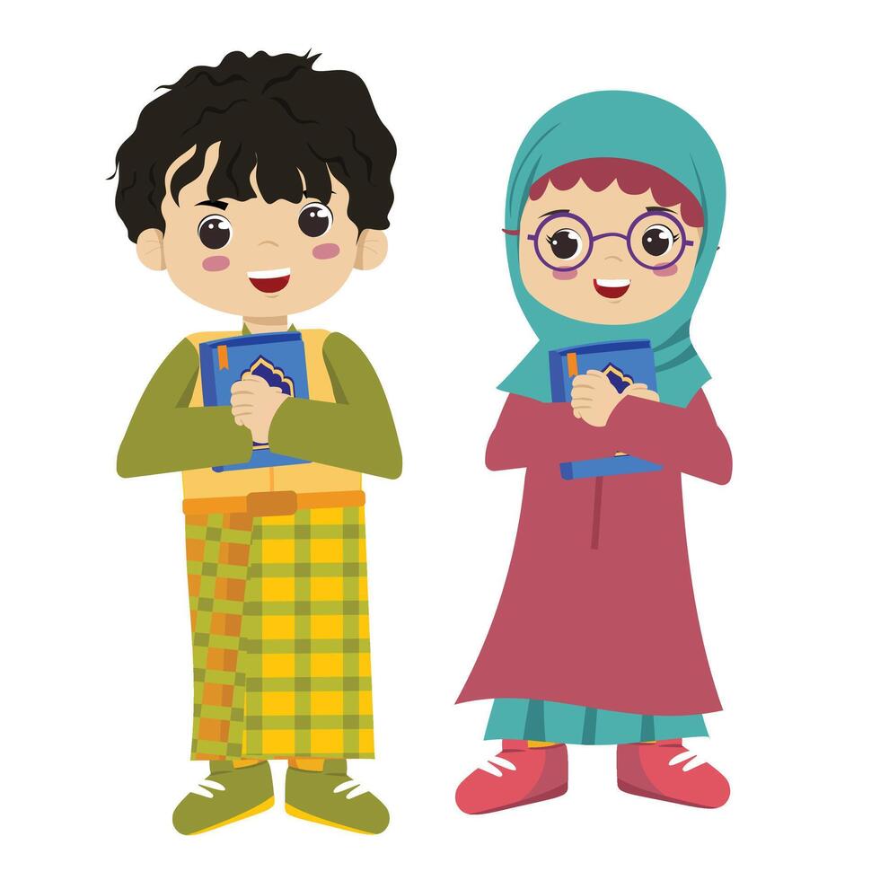 Muslim Kids Learning to Recite Quran in Ramadan with Holy Book in Hand Flat Design vector