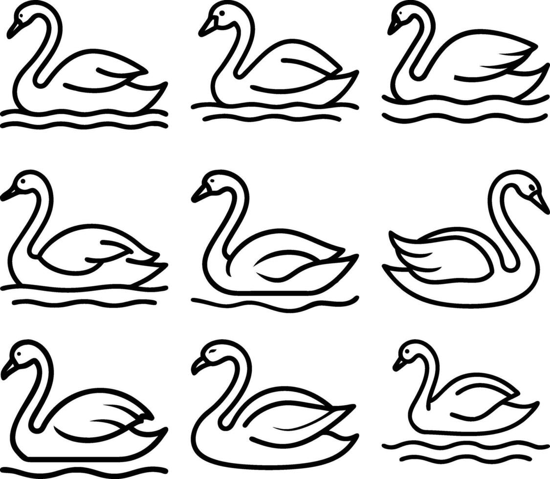 Nine Line Art Swans Swimming on Water Collection vector