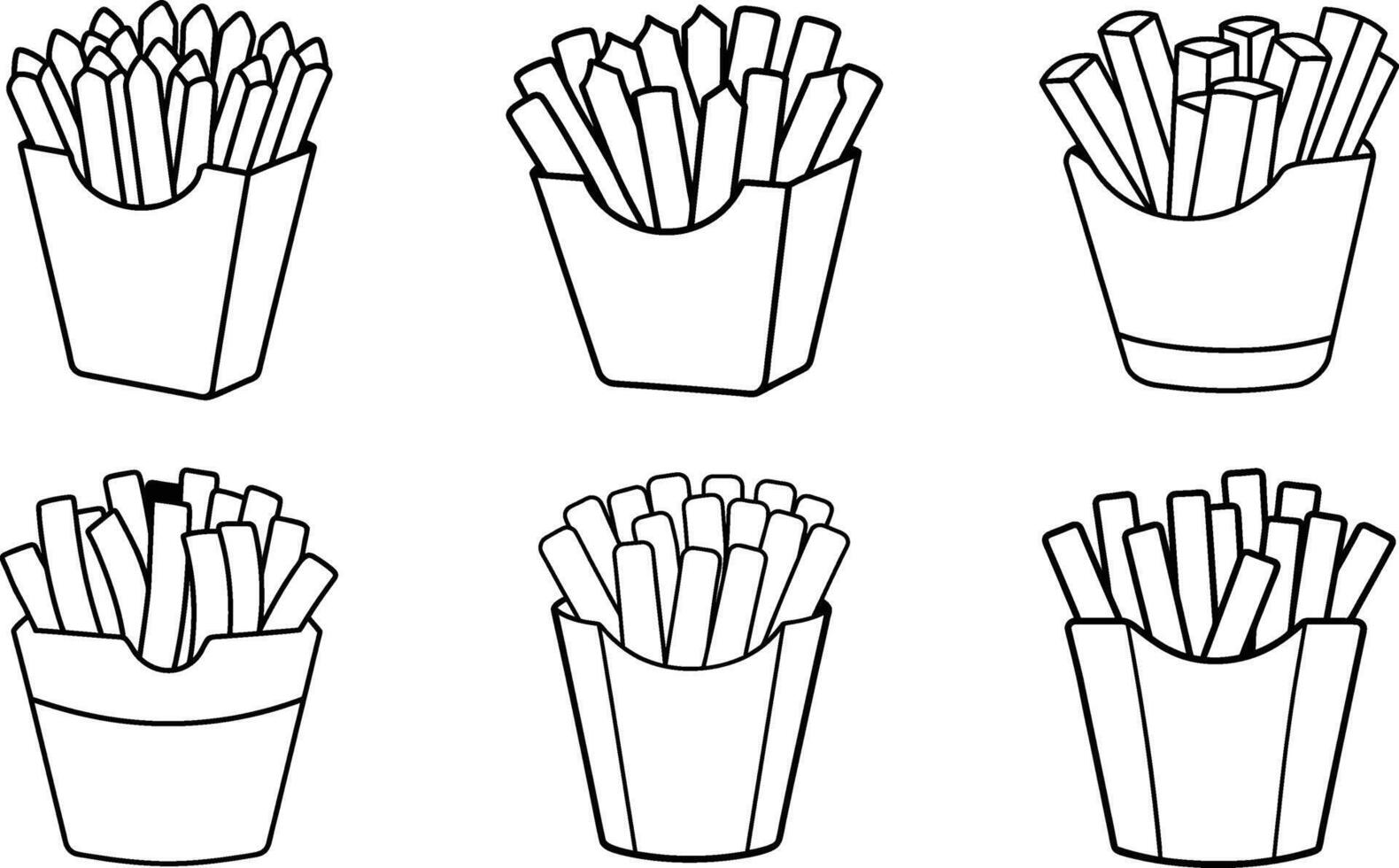 Six Outline Drawings of French Fries in Boxes vector