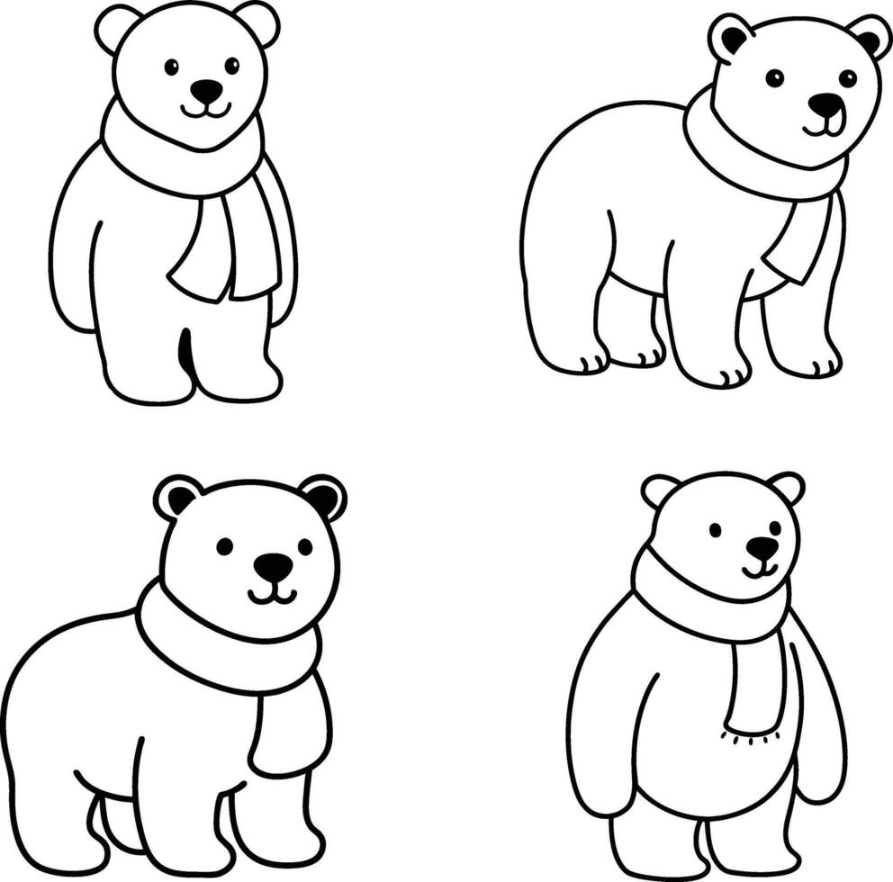 Four Adorable Polar Bear Illustrations Winter Scarf vector